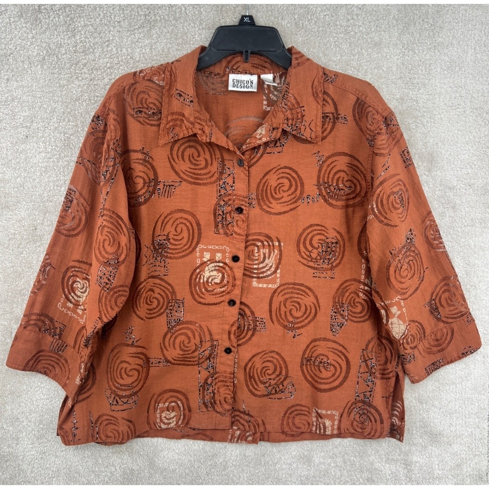 Chico's Design Burnout Button Up Shirt Size 3 (XL) Rust Sheer Spirals Artsy Boho